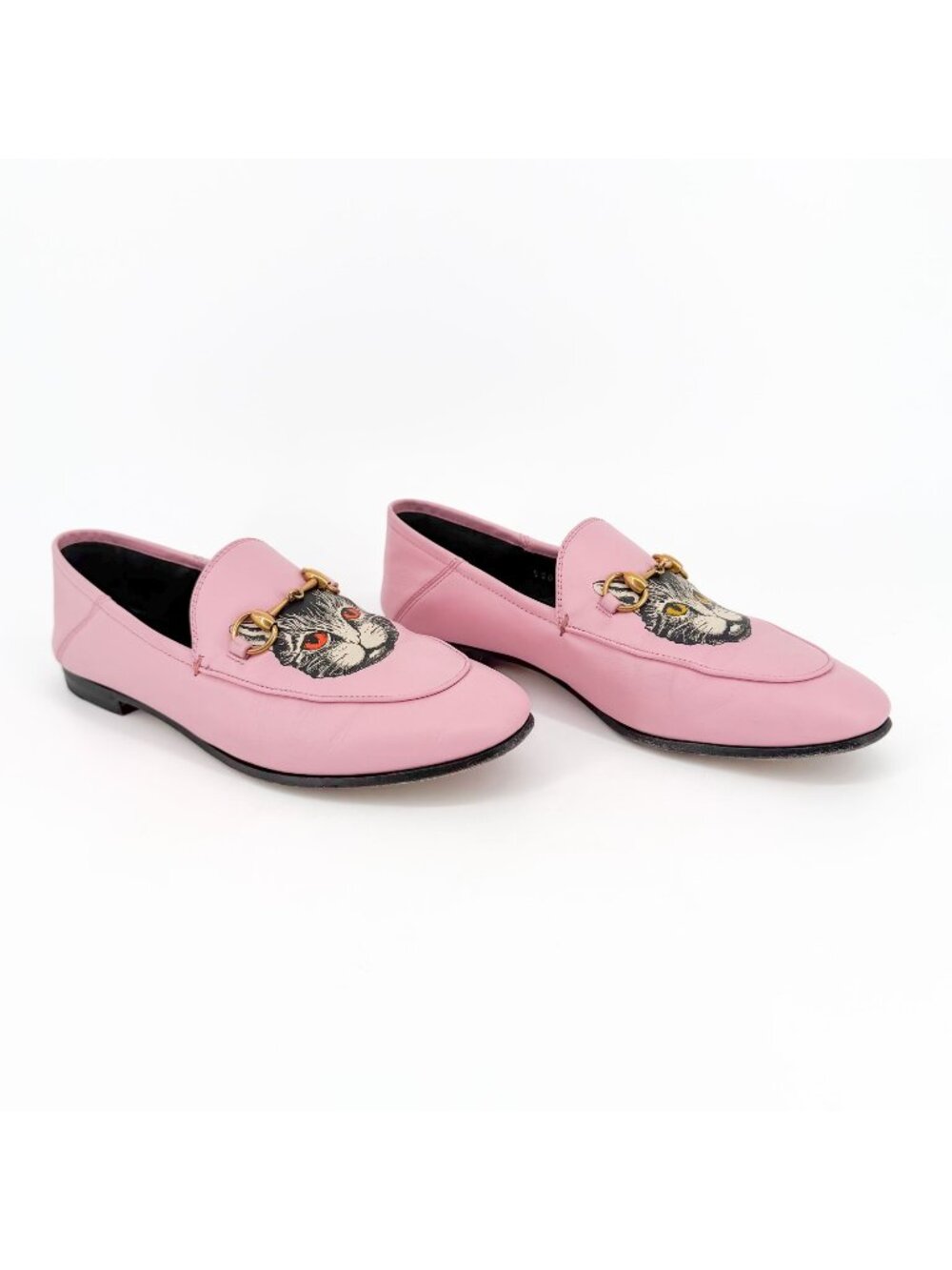 Gucci Mystic Cat Brixton Horsebit Loafers Pink Leather Size 37.5 US 7.5 Women's